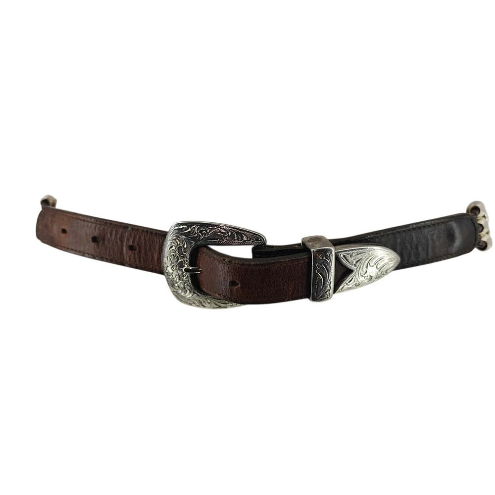 Vintage Lady Nadim Western Silver Brown Leather Belt Boho